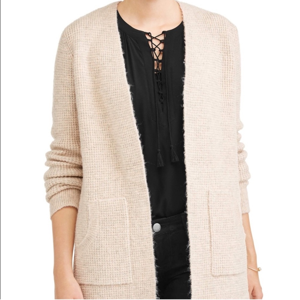 Time and Tru Chunky Long Open Front Oatmeal Cardigan With Big Pockets